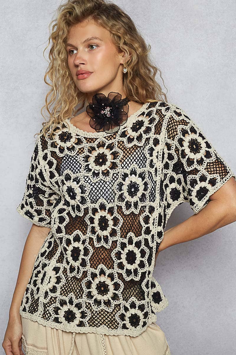 POL Clothing Round neck short sleeve crochet knit top-Top-Pol Clothing-Stuffology - Where Vintage Meets Modern, A Boutique for Real Women in Crosbyton, TX