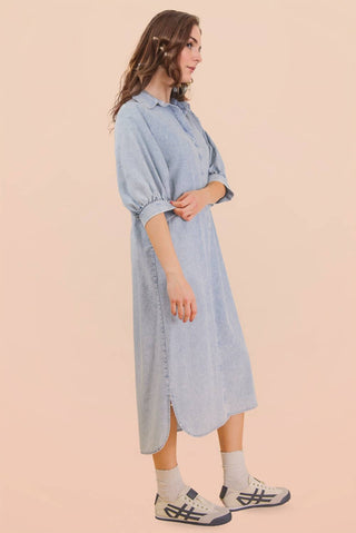 Washed Denim Casual Midi Dress-Dresses-VERY J-Stuffology - Where Vintage Meets Modern, A Boutique for Real Women in Crosbyton, TX