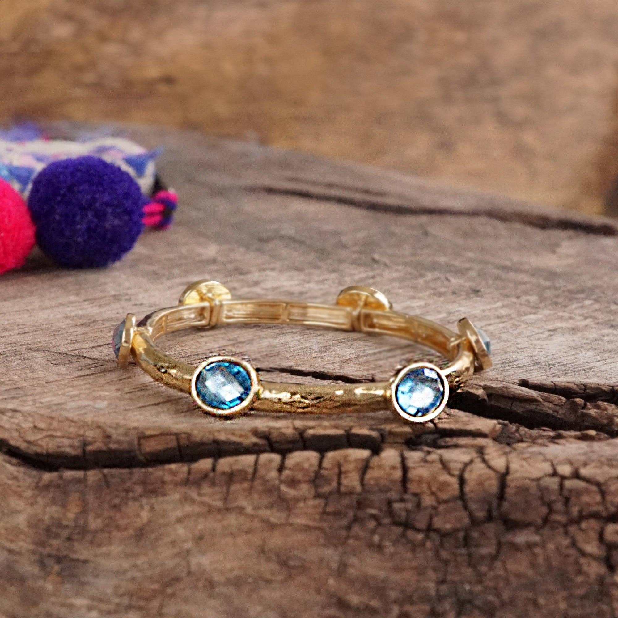 Jeweled Golden Bangle - with Faceted glass oval colorful jewels-Bracelets-PennyLine inc-Stuffology - Where Vintage Meets Modern, A Boutique for Real Women in Crosbyton, TX