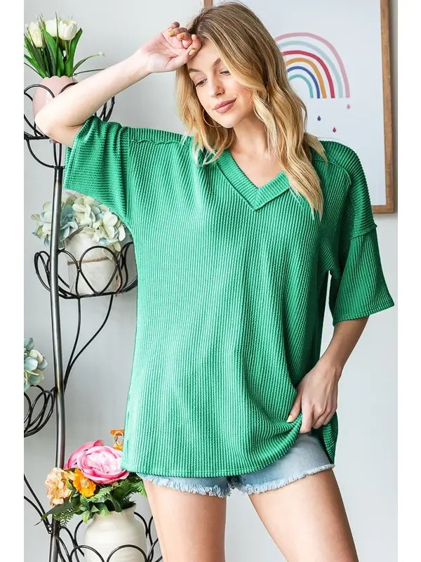 SHORT SLEEVE V NECK SOLID URBAN RIBBED TOP WITH STITCH DETAILS /STUFFOLOGY BOUTIQUE-Top-HEIMISH-Stuffology - Where Vintage Meets Modern, A Boutique for Real Women in Crosbyton, TX