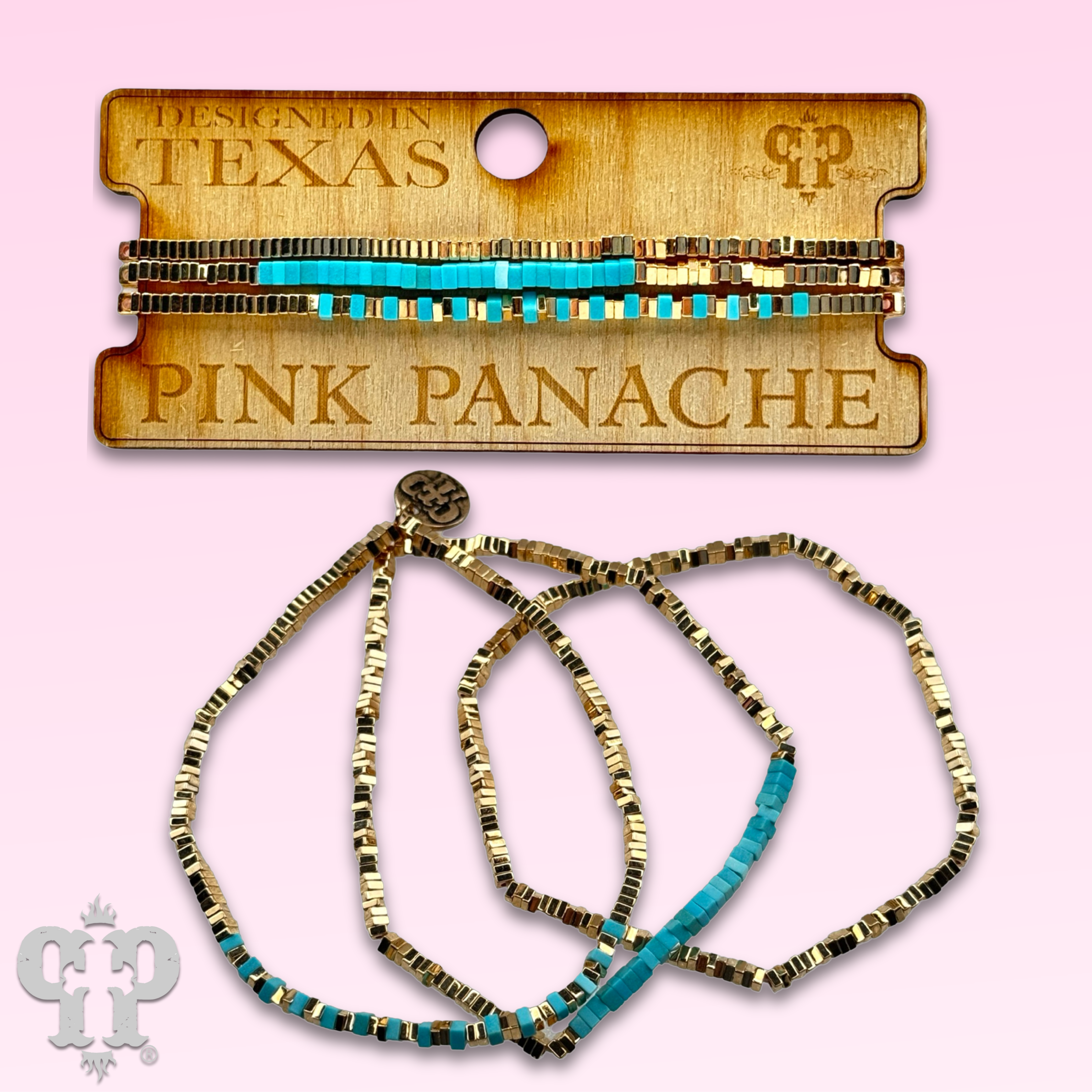 Gold and turquoise square bead bracelet-Bracelets-Pink Panache Brands-Stuffology - Where Vintage Meets Modern, A Boutique for Real Women in Crosbyton, TX