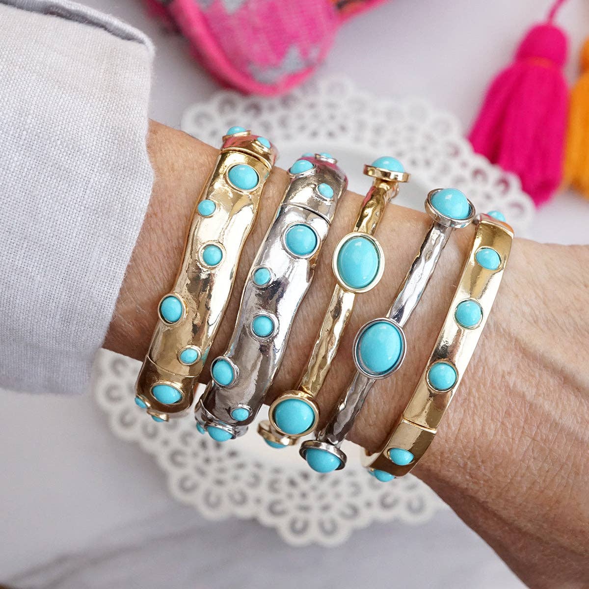 Desert Dew – Turquoise Cabochon Stretch Bangle-Bracelets-PennyLine inc-Stuffology - Where Vintage Meets Modern, A Boutique for Real Women in Crosbyton, TX