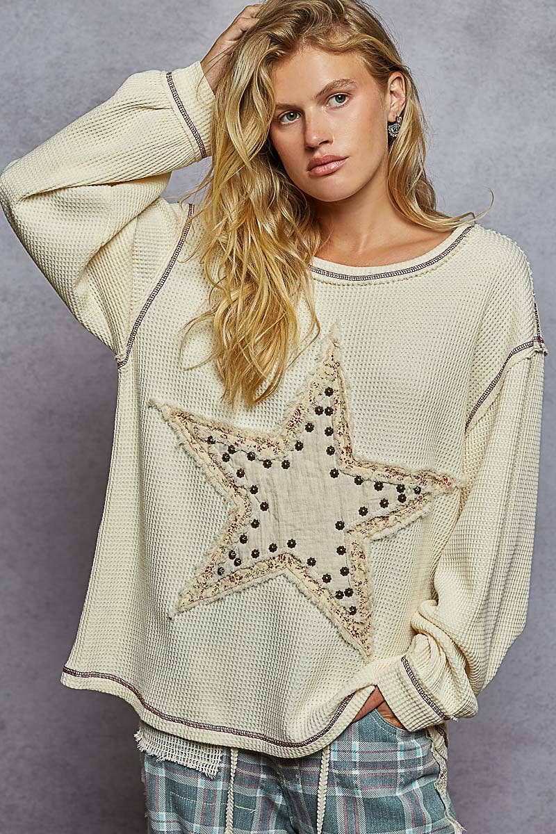Long sleeve round neck star patch thermal knit top-Pullover Top-Pol Clothing-Stuffology - Where Vintage Meets Modern, A Boutique for Real Women in Crosbyton, TX