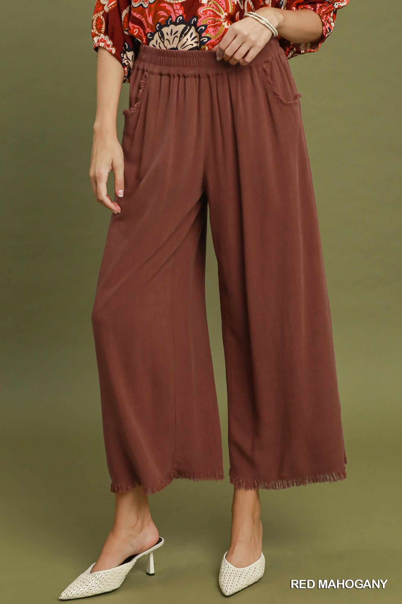 Fray Hem Wide Leg Pants Red Mahogany-Pants-Umgee-Stuffology - Where Vintage Meets Modern, A Boutique for Real Women in Crosbyton, TX