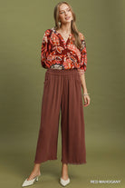 Fray Hem Wide Leg Pants Red Mahogany-Pants-Umgee-Stuffology - Where Vintage Meets Modern, A Boutique for Real Women in Crosbyton, TX