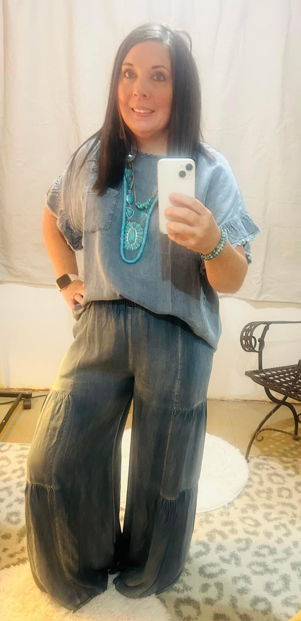 RUFFLED SIDE WASHED DENIM WIDE PANTS /STUFFOLOGY BOUTIQUE