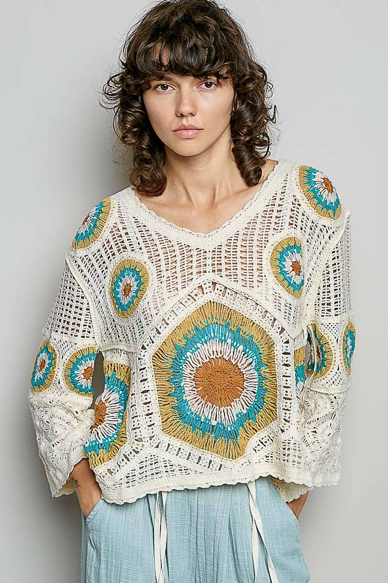 V-Neck Granny Circle Motif Scalloped Edge Crochet Top-Crochet Top-Pol Clothing-Stuffology - Where Vintage Meets Modern, A Boutique for Real Women in Crosbyton, TX