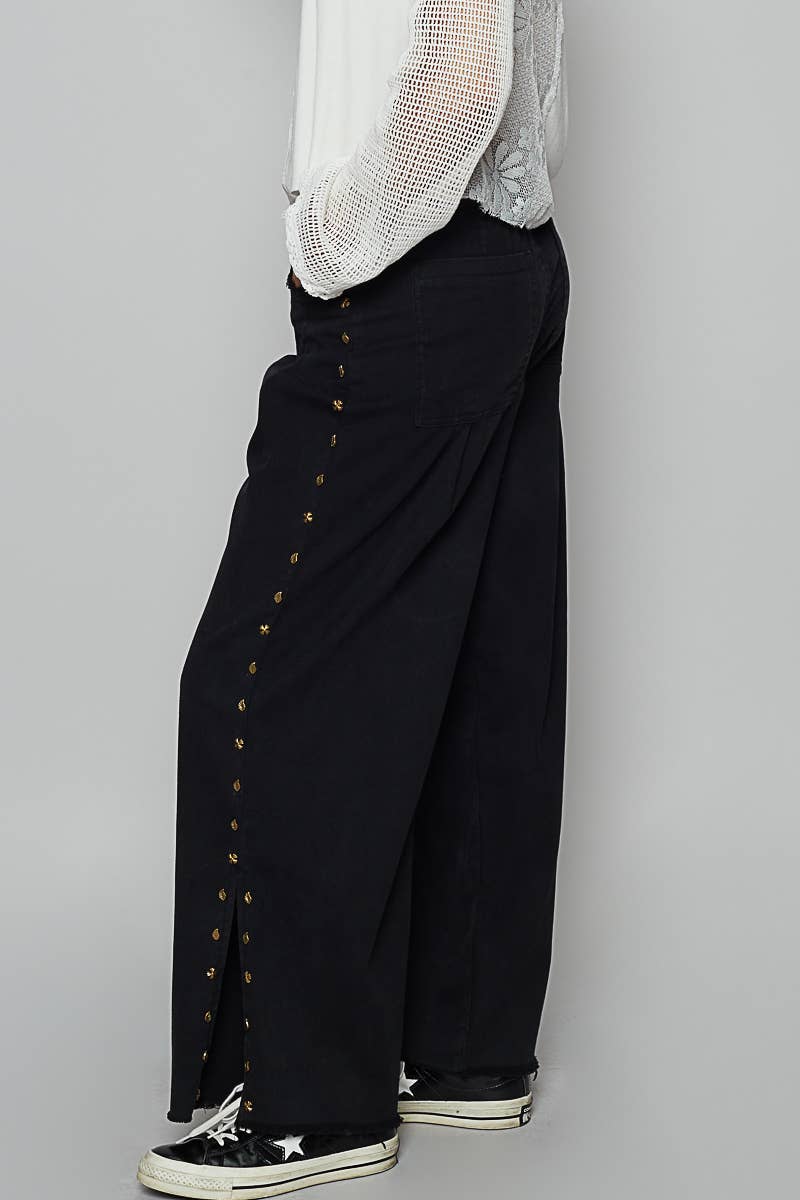 POL Clothing - Solid Stud Detail Twill Wide Woven Pants-Pol Clothing-Stuffology - Where Vintage Meets Modern, A Boutique for Real Women in Crosbyton, TX