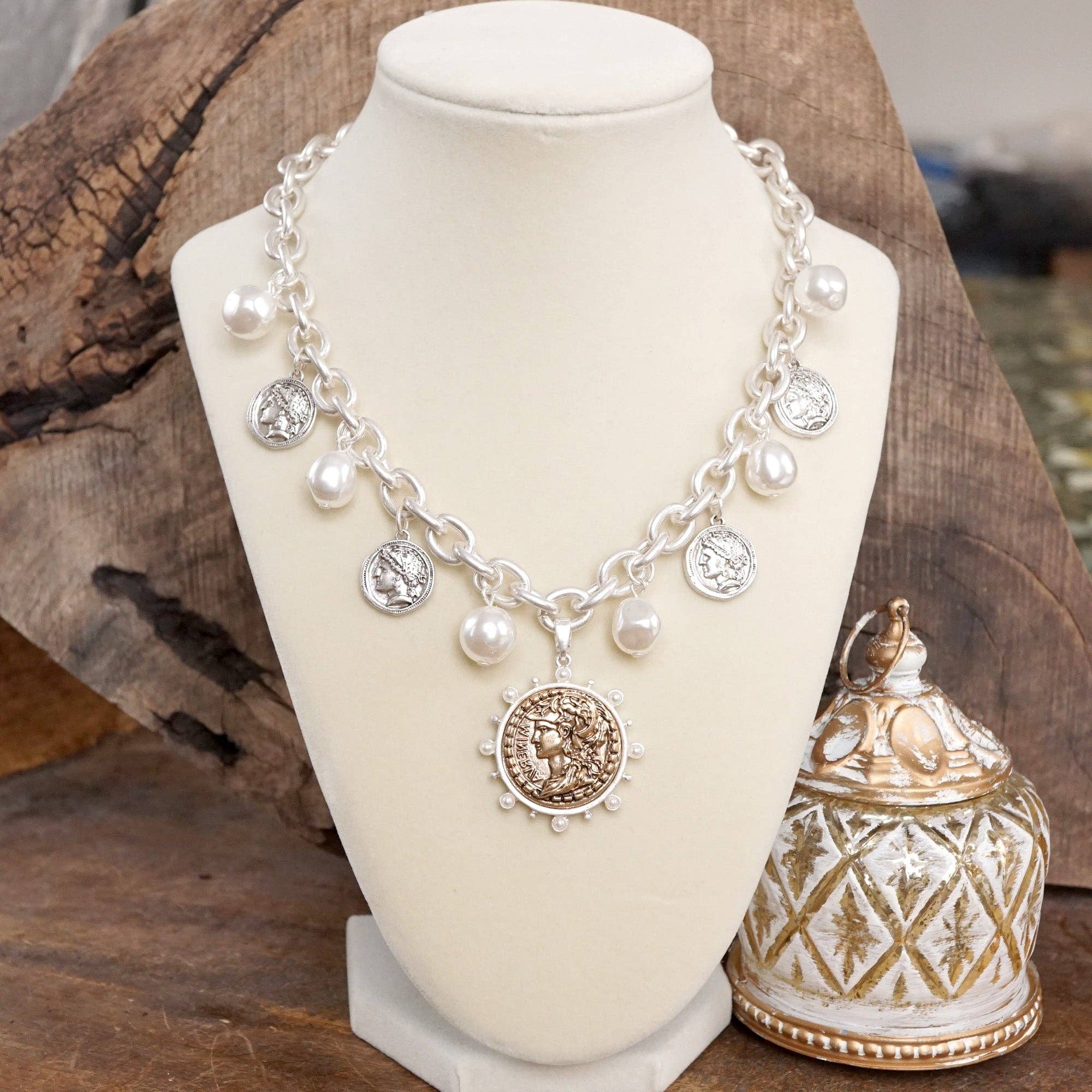 Boho Coin and Pearl Charms Statement Necklace – Gold and Silver Tone-PennyLine inc-Stuffology - Where Vintage Meets Modern, A Boutique for Real Women in Crosbyton, TX