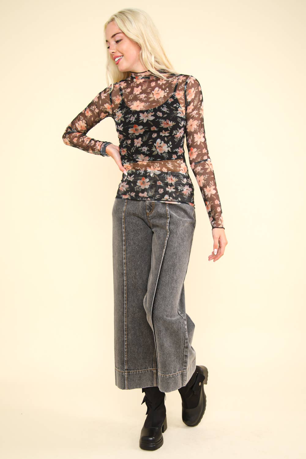 NT11909-High Neck Fitted Sheer Mesh Lace Knit Top-MESH TOP-VERY J-Stuffology - Where Vintage Meets Modern, A Boutique for Real Women in Crosbyton, TX