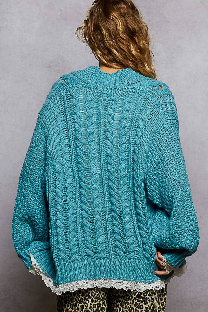 V neck lace trim solid acrylic sweater open cardigan top-Pol Clothing-Stuffology - Where Vintage Meets Modern, A Boutique for Real Women in Crosbyton, TX