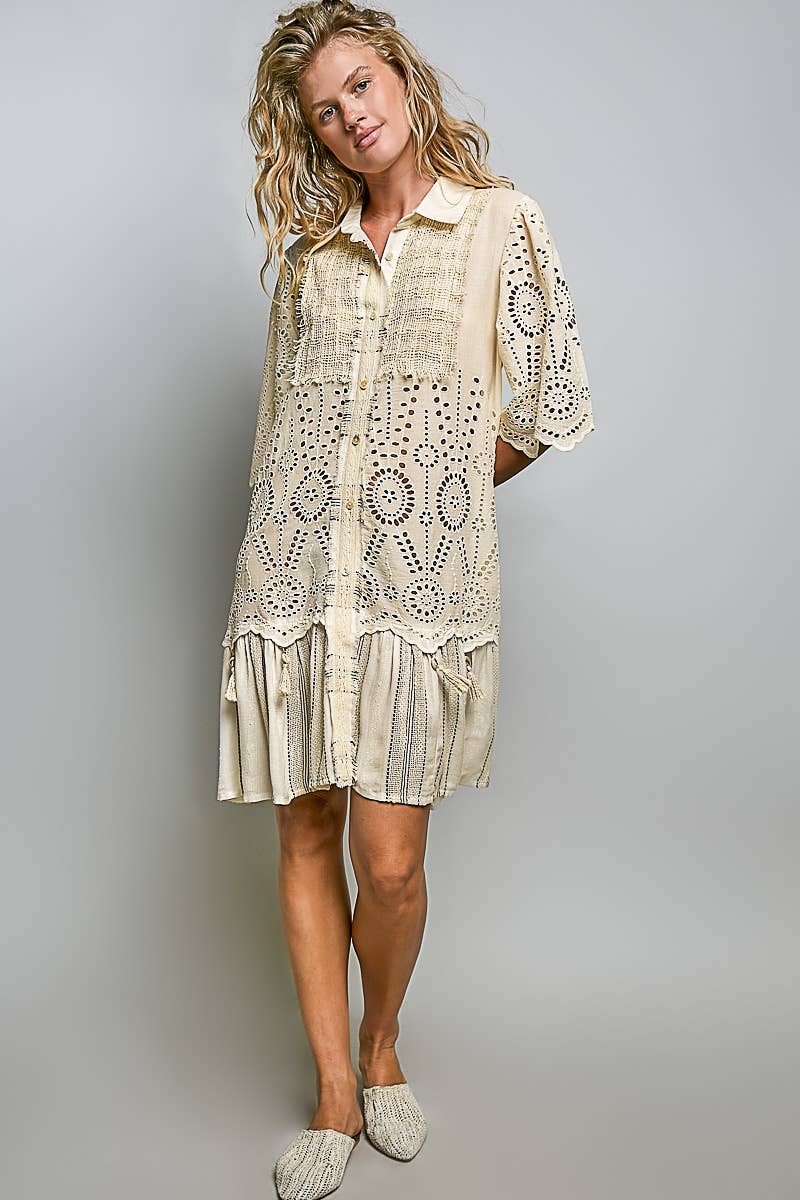 Boho Lace Panel Tassel Tie Detail Eyelet Shirt Dress-Dresses-Pol Clothing-Stuffology - Where Vintage Meets Modern, A Boutique for Real Women in Crosbyton, TX