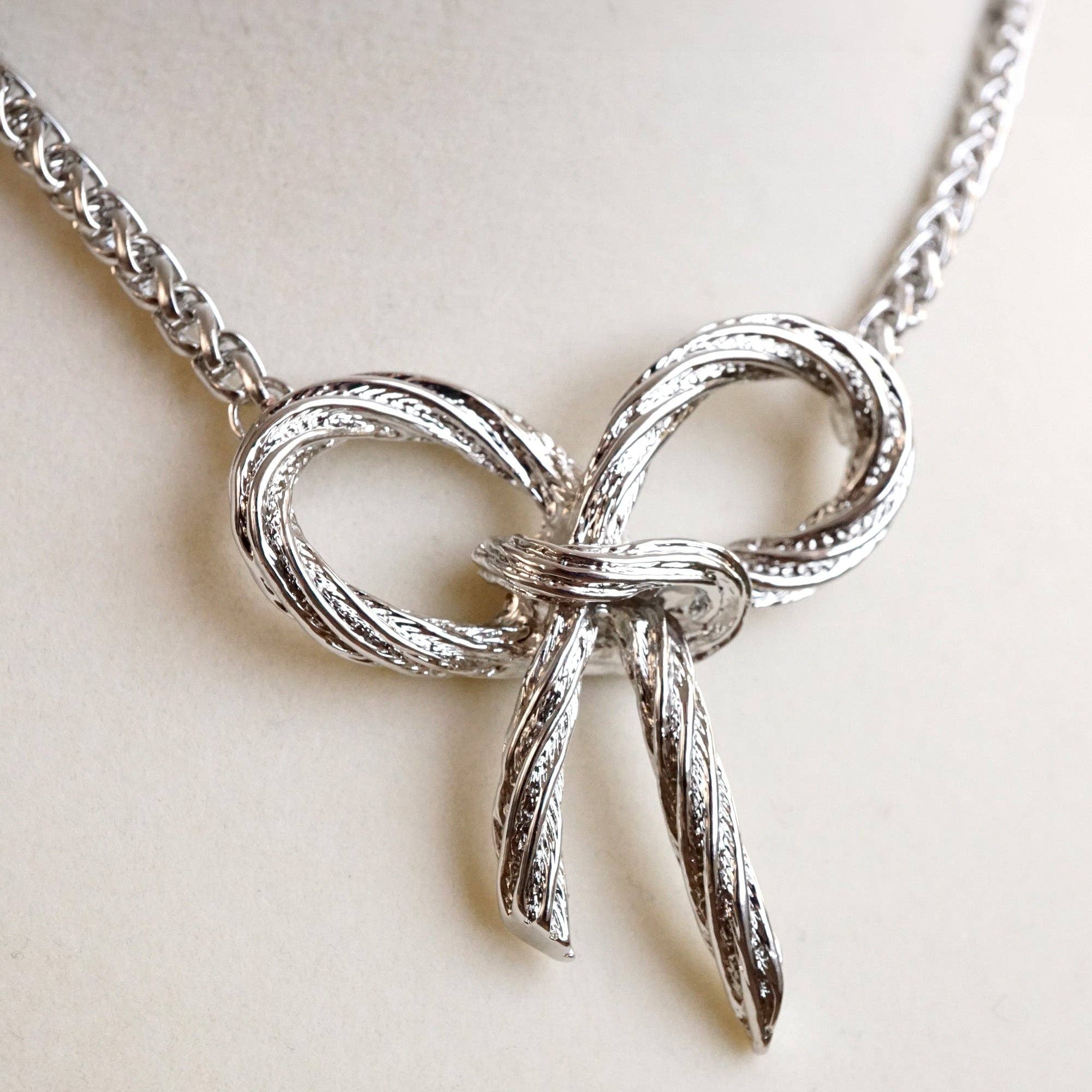 Large Rope Textured Bow Pendant Statement Necklace Silver Tone-Necklaces-PennyLine inc-Stuffology - Where Vintage Meets Modern, A Boutique for Real Women in Crosbyton, TX
