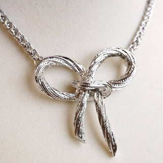 Large Rope Textured Bow Pendant Statement Necklace Silver Tone-Necklaces-PennyLine inc-Stuffology - Where Vintage Meets Modern, A Boutique for Real Women in Crosbyton, TX
