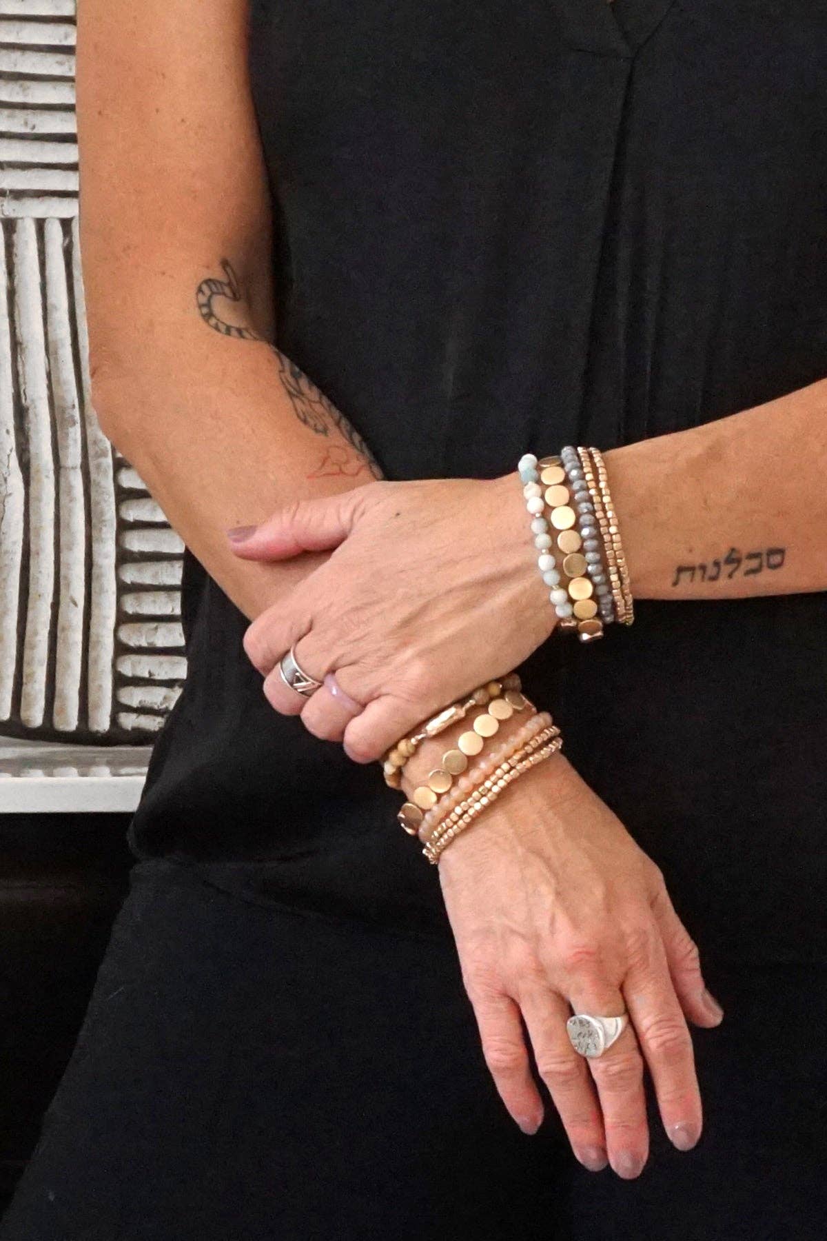 5 piece Boho Beaded Bracelets Stack Semi Precious Metal Glass Beads Golden nugget flat beads-Bracelets-PennyLine inc-Stuffology - Where Vintage Meets Modern, A Boutique for Real Women in Crosbyton, TX