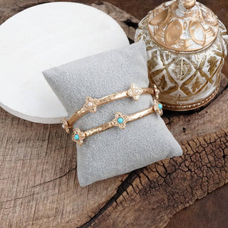 Sun-Kissed Shine – Medallion Stretchy Bangle with Pearl or Turquoise-Bracelets-PennyLine inc-Stuffology - Where Vintage Meets Modern, A Boutique for Real Women in Crosbyton, TX