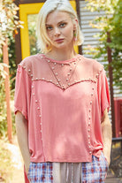 Oversize 1/2 Sleeve Pearl and Slit Detail Ribbed Top /Stuffology Boutique-TOP-Pol Clothing-Stuffology - Where Vintage Meets Modern, A Boutique for Real Women in Crosbyton, TX