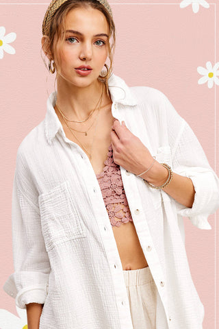 Crinkled Gauze Button Down Shirt-La Miel-Stuffology - Where Vintage Meets Modern, A Boutique for Real Women in Crosbyton, TX