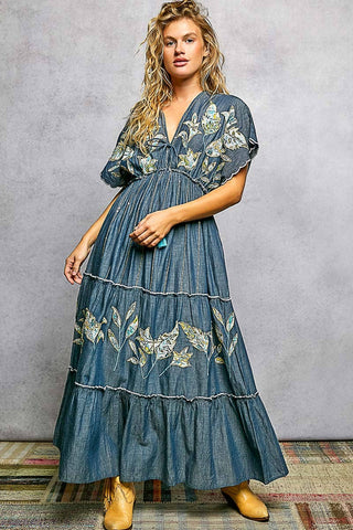 Embroidery Ruffle Neck Loop Cotton Denim V-neck Long Dress-Pol Clothing-Stuffology - Where Vintage Meets Modern, A Boutique for Real Women in Crosbyton, TX