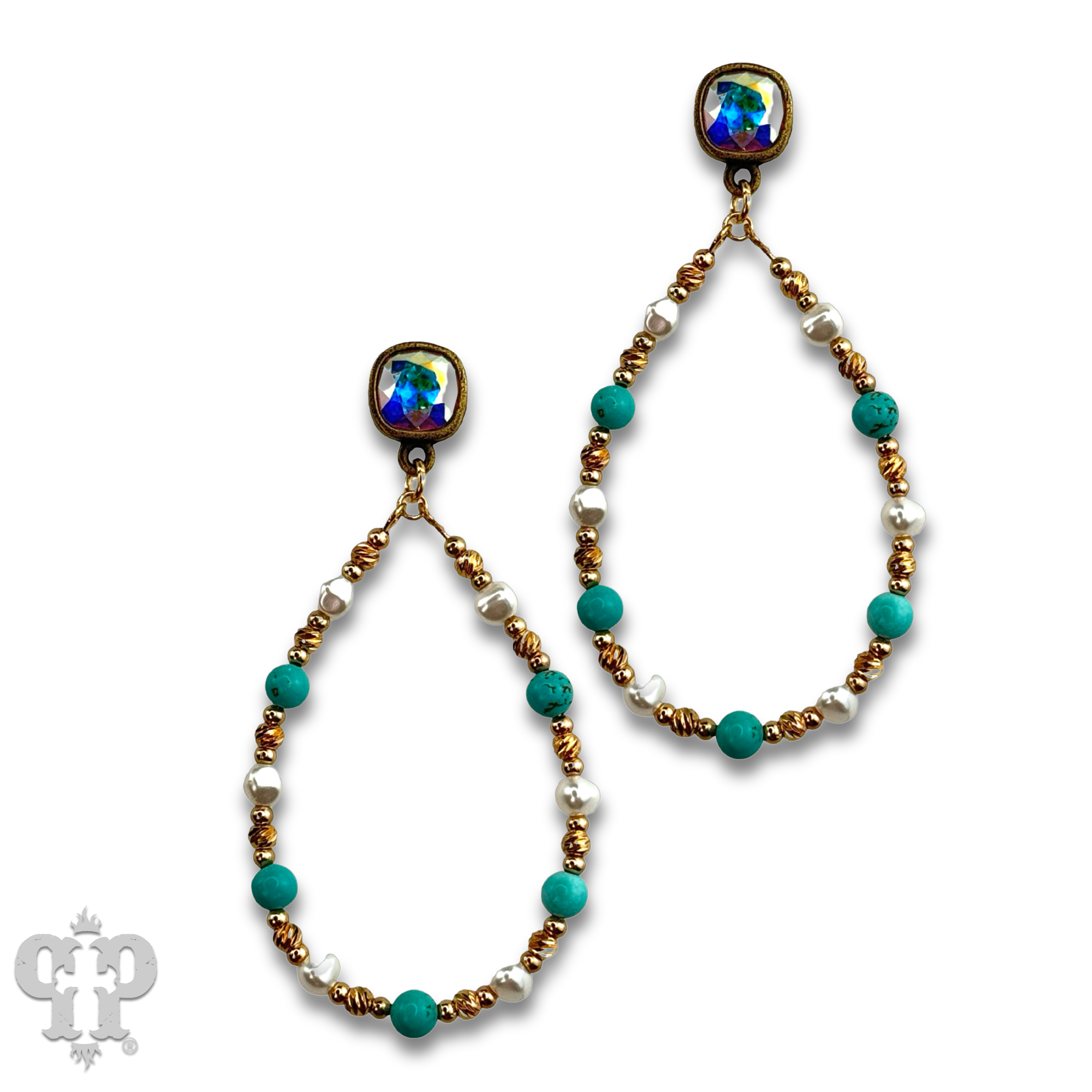 Turquoise and gold teardrop earring with Austrian crystal-Earrings-Pink Panache Brands-Stuffology - Where Vintage Meets Modern, A Boutique for Real Women in Crosbyton, TX
