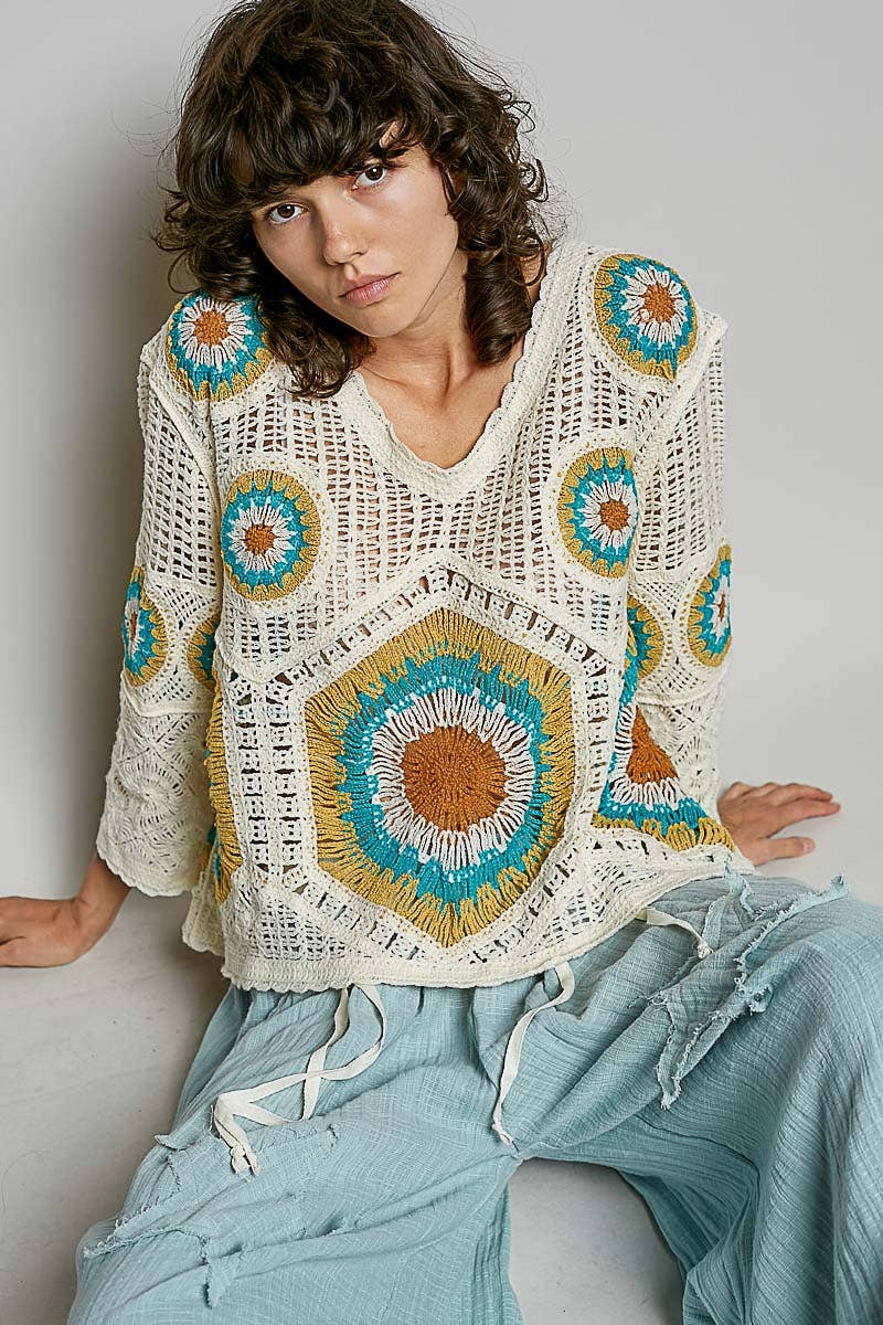 V-Neck Granny Circle Motif Scalloped Edge Crochet Top-Crochet Top-Pol Clothing-Stuffology - Where Vintage Meets Modern, A Boutique for Real Women in Crosbyton, TX