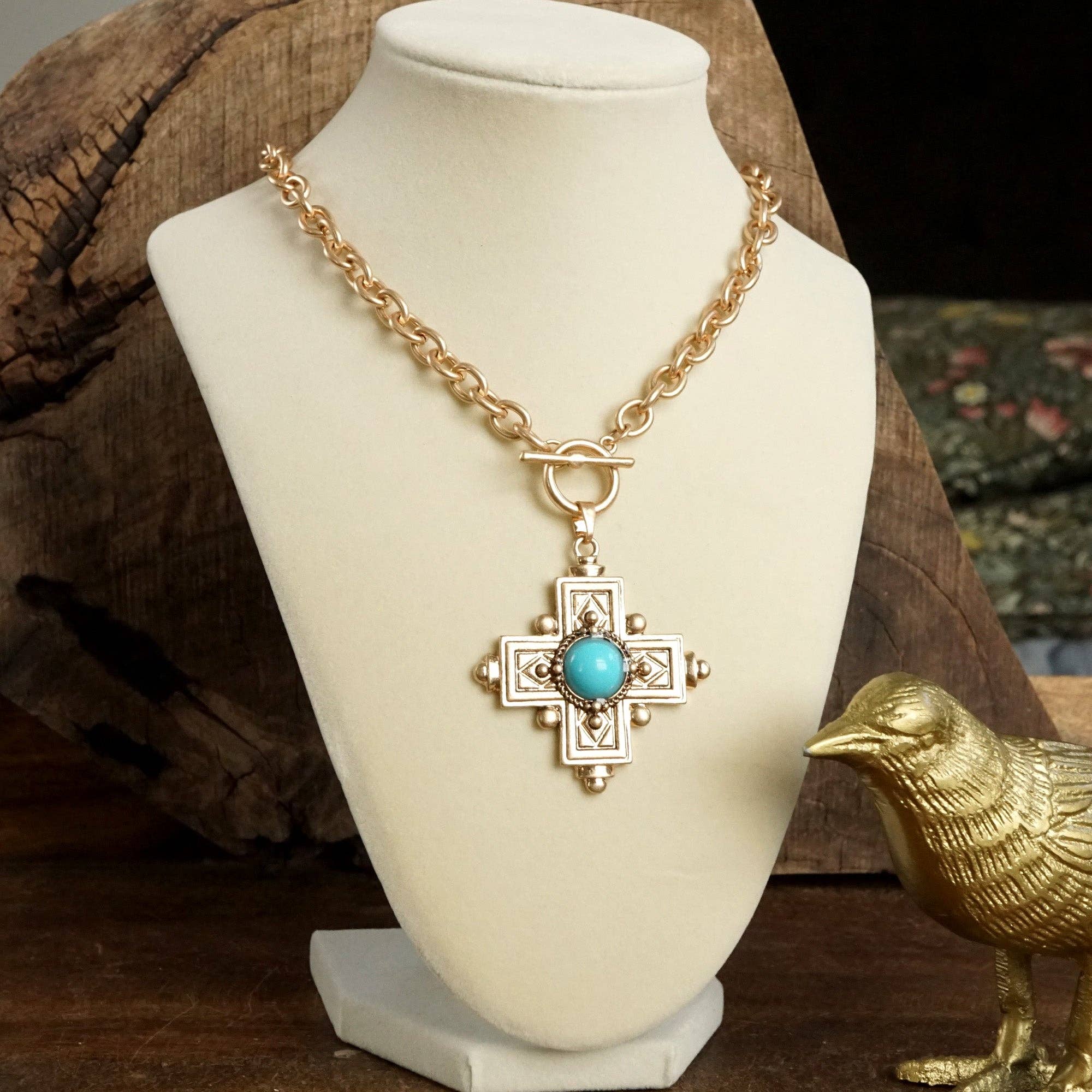 Decorative Cross Necklace Worn Gold or Silver Tone Front Toggle and Turquoise-Necklaces-PennyLine inc-Stuffology - Where Vintage Meets Modern, A Boutique for Real Women in Crosbyton, TX