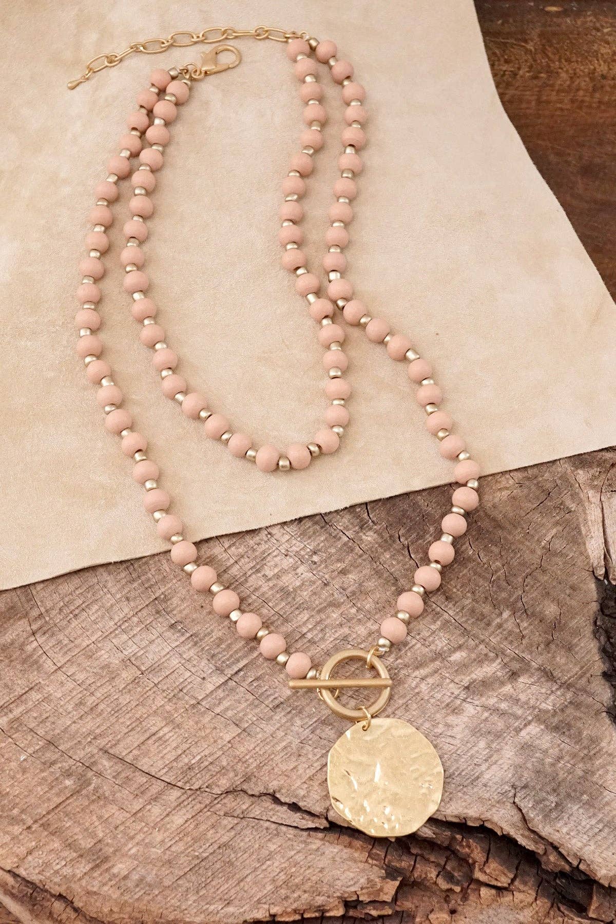 Multi Strand Wooden Beads Short Coin Necklace in Pink and Gold-Necklaces-PennyLine inc-Stuffology - Where Vintage Meets Modern, A Boutique for Real Women in Crosbyton, TX