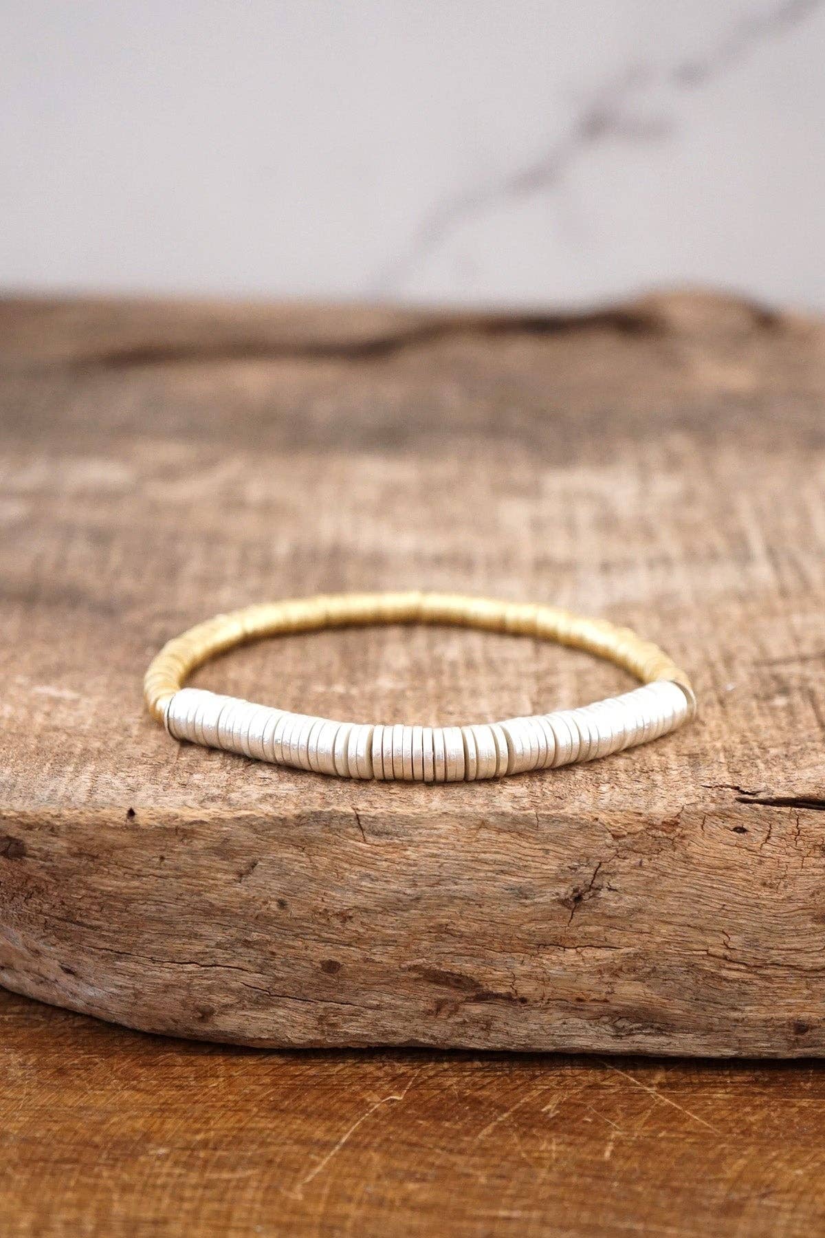 Heishi Disc Boho beaded stretchy bracelet Silver Gold Shell-Bracelets-PennyLine inc-Stuffology - Where Vintage Meets Modern, A Boutique for Real Women in Crosbyton, TX