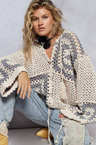 Hand knit squares hooded button closure cardigan-Sweater Cardigan-Pol Clothing-Stuffology - Where Vintage Meets Modern, A Boutique for Real Women in Crosbyton, TX