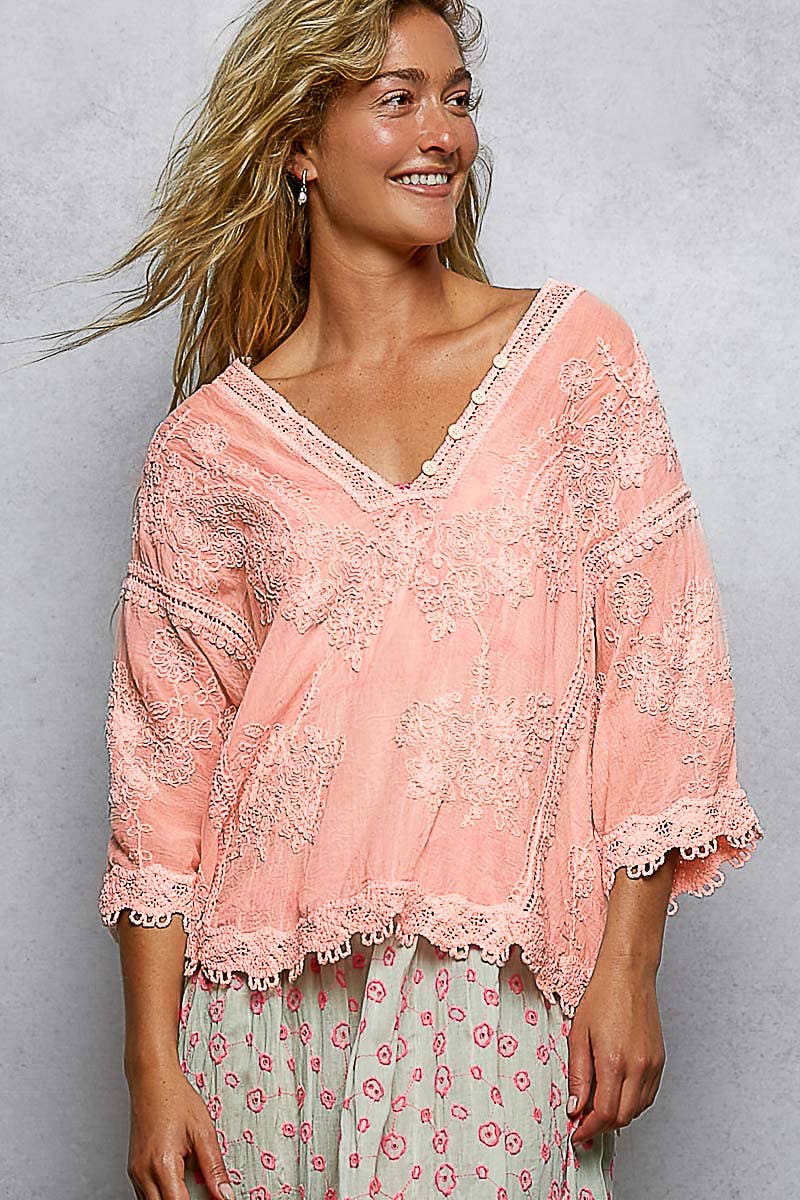 POL Clothing V-neck Short Sleeve Floral Embroidered Crochet Blouse Top-Crochet Top-Pol Clothing-Stuffology - Where Vintage Meets Modern, A Boutique for Real Women in Crosbyton, TX