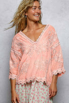 POL Clothing V-neck Short Sleeve Floral Embroidered Crochet Blouse Top-Crochet Top-Pol Clothing-Stuffology - Where Vintage Meets Modern, A Boutique for Real Women in Crosbyton, TX