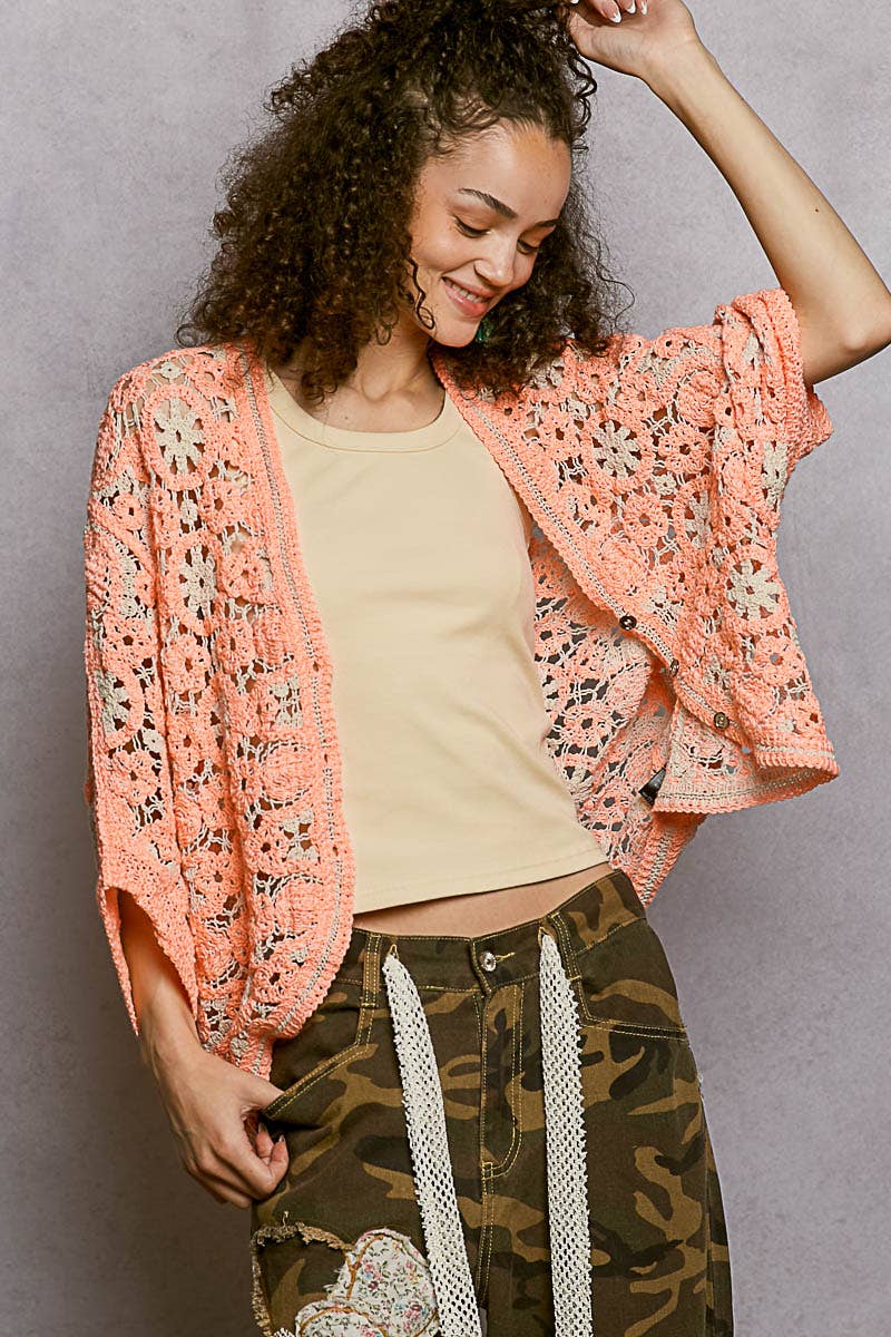 POL Clothing Orange Crochet Batwing Cardigan-Cardigan-Pol Clothing-Stuffology - Where Vintage Meets Modern, A Boutique for Real Women in Crosbyton, TX
