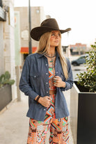 Classic Pearl Snap Denim Chambray Button-Down-Tops-Turquoise Haven-Stuffology - Where Vintage Meets Modern, A Boutique for Real Women in Crosbyton, TX