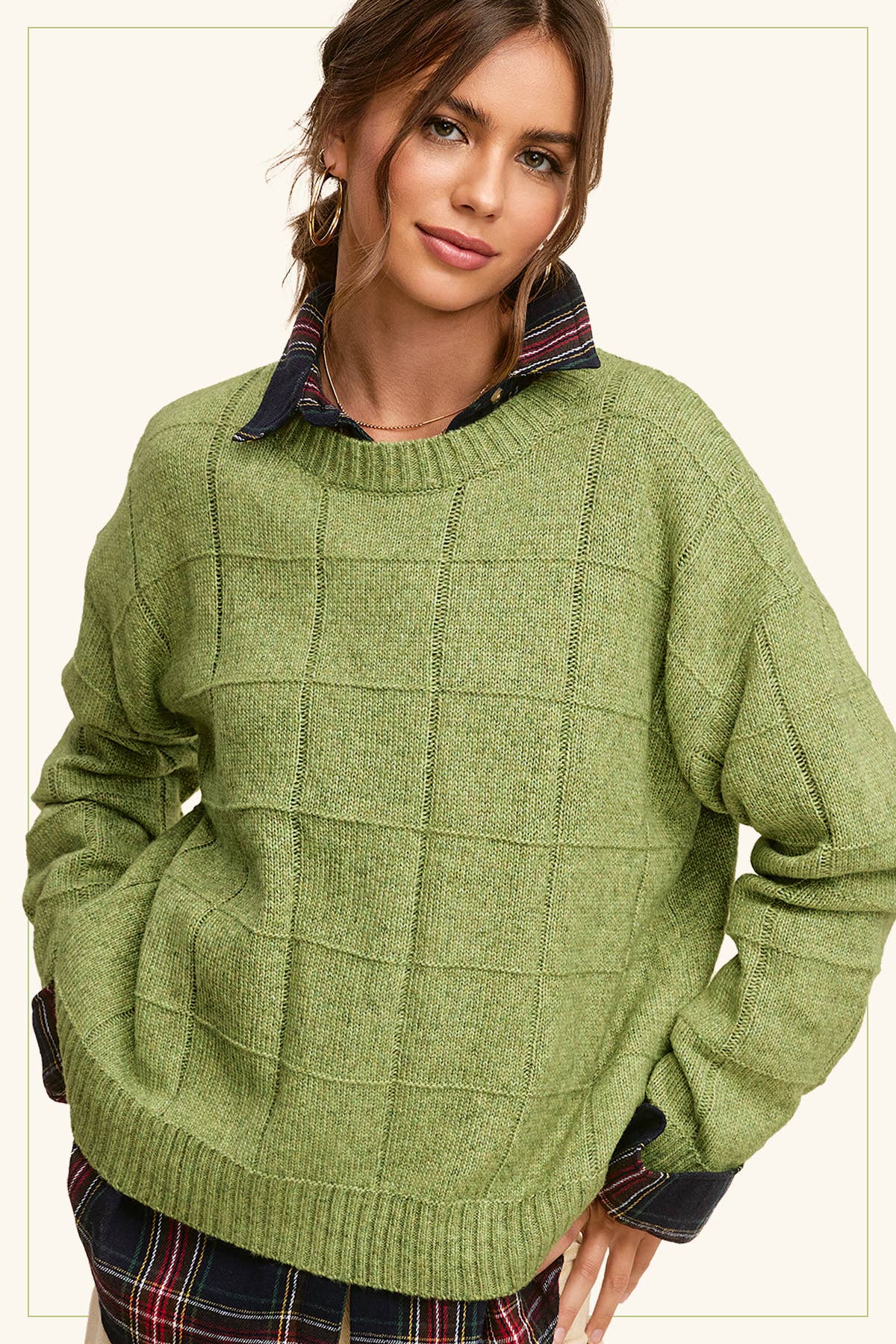 MCS3564-Loose Fit Windowpane Patterned Two Tone Sweater-La Miel-Stuffology - Where Vintage Meets Modern, A Boutique for Real Women in Crosbyton, TX