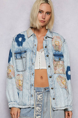Balloon sleeve floral patch detail denim jacket-Denim Jacket-Pol Clothing-Stuffology - Where Vintage Meets Modern, A Boutique for Real Women in Crosbyton, TX
