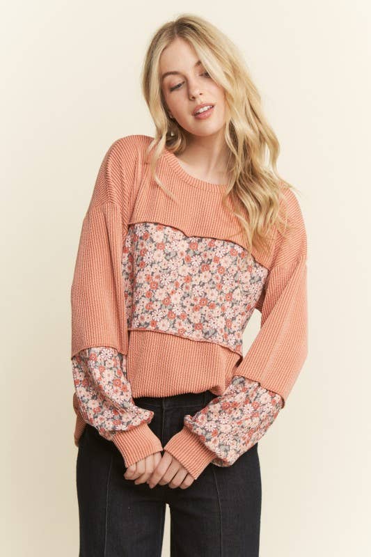 LONG SLEEVE RIBBED FLORAL TOP-TOP-HEIMISH-Stuffology - Where Vintage Meets Modern, A Boutique for Real Women in Crosbyton, TX
