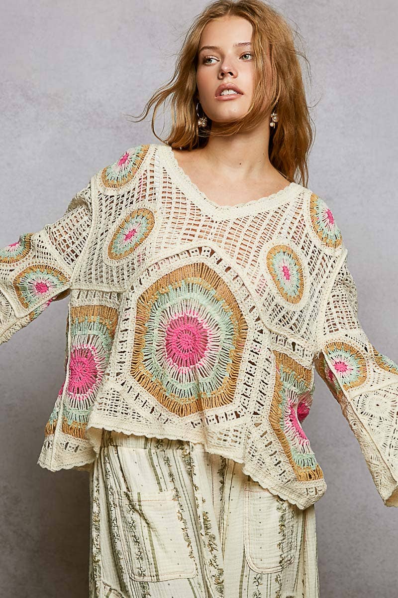 V-Neck Granny Circle Motif Scalloped Edge Crochet Top-Crochet Top-Pol Clothing-Stuffology - Where Vintage Meets Modern, A Boutique for Real Women in Crosbyton, TX
