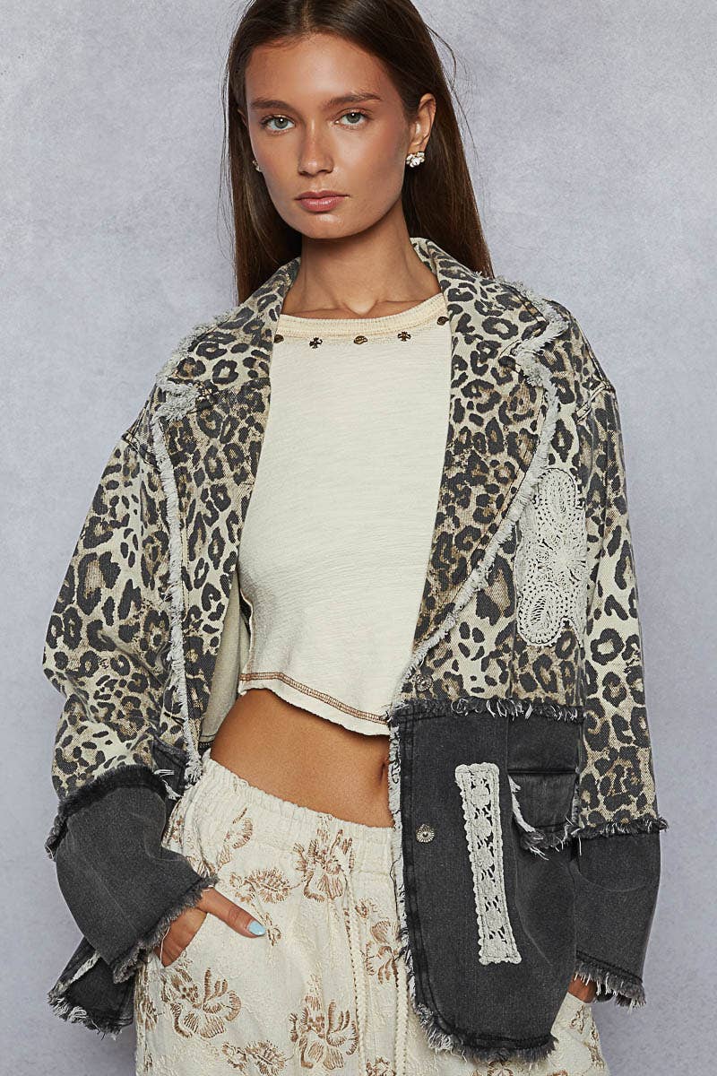 V-neck long sleeve crochet patch printed twill woven jacket-Jackets-Pol Clothing-Stuffology - Where Vintage Meets Modern, A Boutique for Real Women in Crosbyton, TX
