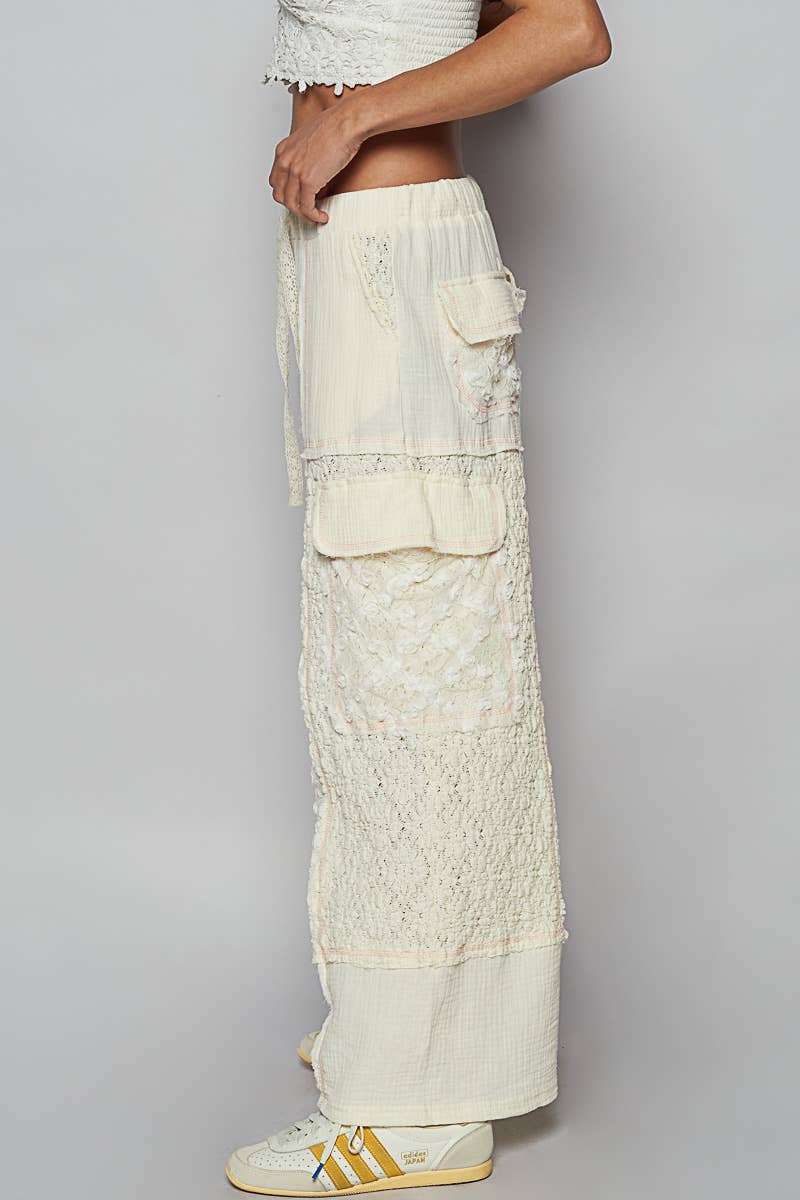 POL Clothing Solid Lace Patch Wide Pants-Pants-Pol Clothing-Stuffology - Where Vintage Meets Modern, A Boutique for Real Women in Crosbyton, TX