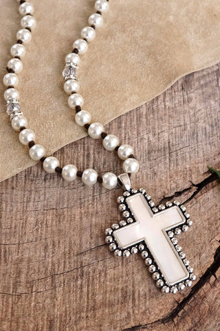 Pearlized beads Necklace with Cross and Clover pendant Mother of Pearl Abalone-Necklaces-PennyLine inc-Stuffology - Where Vintage Meets Modern, A Boutique for Real Women in Crosbyton, TX