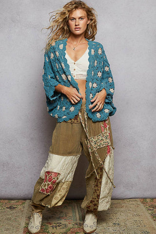 V-neck Long Sleeve Floral Contrast Crochet Cardigan Top-Cardigan-Pol Clothing-Stuffology - Where Vintage Meets Modern, A Boutique for Real Women in Crosbyton, TX