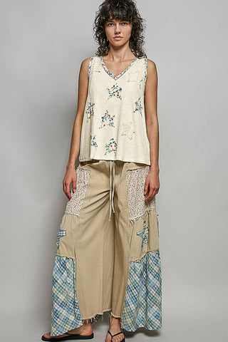 Star Patch Chambray Wide Leg Pants-Pants-Pol Clothing-Stuffology - Where Vintage Meets Modern, A Boutique for Real Women in Crosbyton, TX
