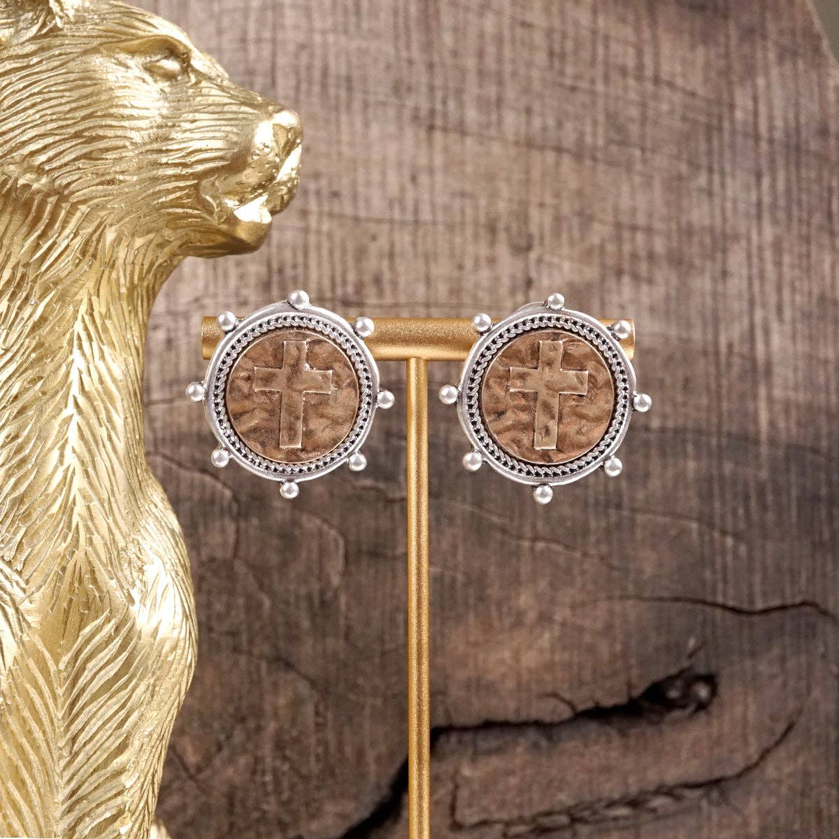 Divine Duo – Two-Tone Cross Coin Stud Earrings-Earrings-PennyLine inc-Stuffology - Where Vintage Meets Modern, A Boutique for Real Women in Crosbyton, TX