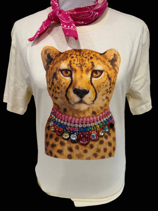 Jeweled Collar Leopard on Natural Crew-Women > Tops > Tshirts > Graphic-Bling-A-GoGo, LLC-Stuffology - Where Vintage Meets Modern, A Boutique for Real Women in Crosbyton, TX