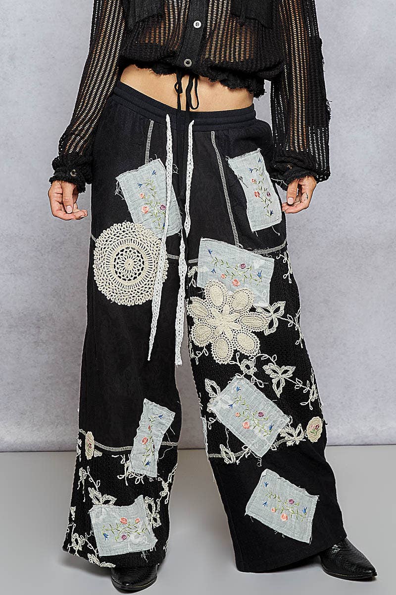 Solid lace patch detail woven pants-Pants-Pol Clothing-Stuffology - Where Vintage Meets Modern, A Boutique for Real Women in Crosbyton, TX