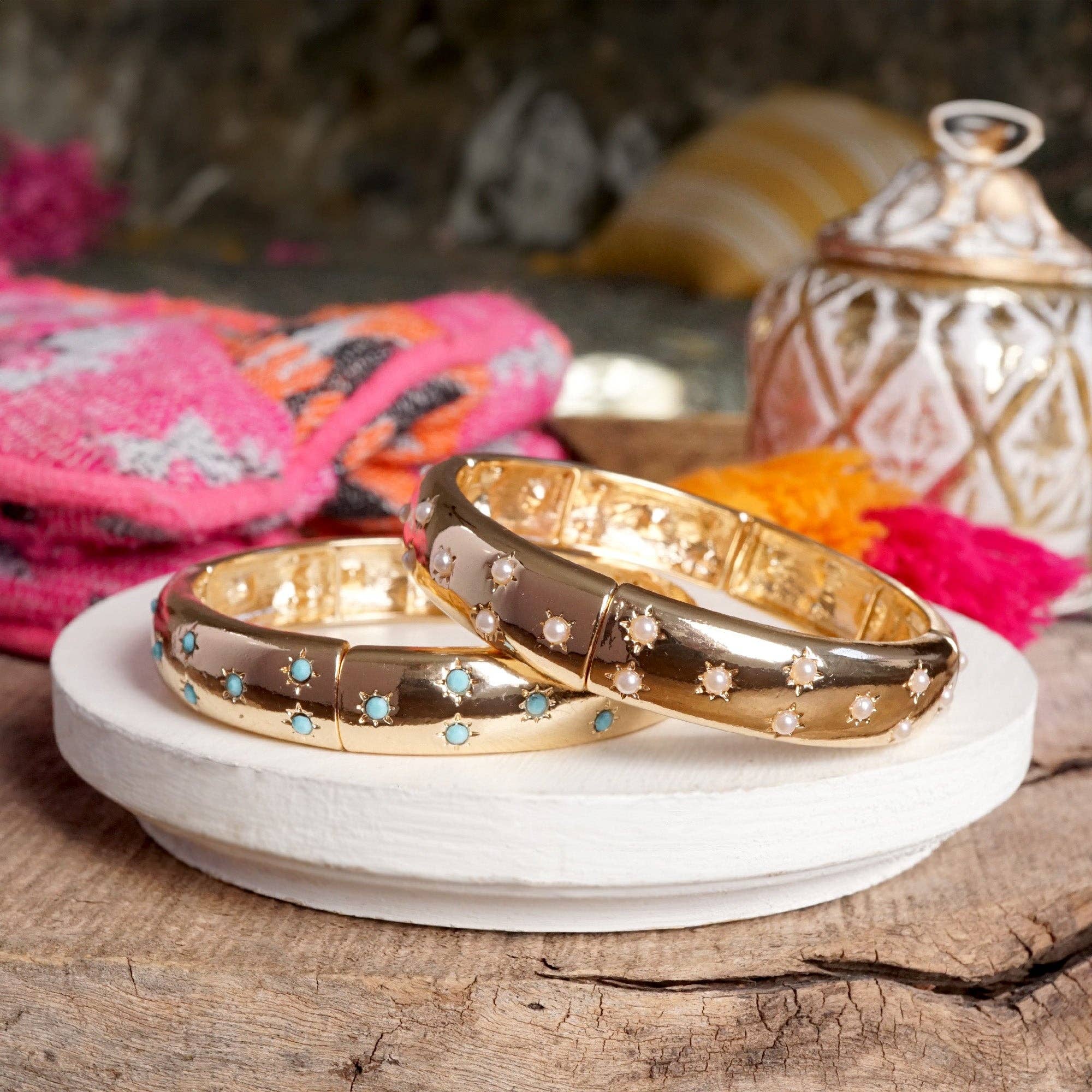 Gold-Tone Eternity Stretch Bangle – Pearls, Turquoise, or Crystals-Bracelets-PennyLine inc-Stuffology - Where Vintage Meets Modern, A Boutique for Real Women in Crosbyton, TX