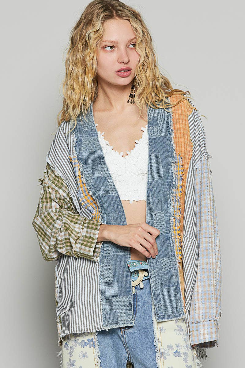 V-neck contrast printed woven cardigan top SALE-Pol Clothing-Stuffology - Where Vintage Meets Modern, A Boutique for Real Women in Crosbyton, TX