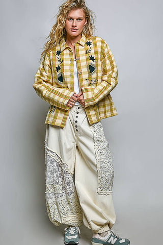 Plaid Embroidered Wooden Button Down Shirt Jacket-Jackets-Pol Clothing-Stuffology - Where Vintage Meets Modern, A Boutique for Real Women in Crosbyton, TX
