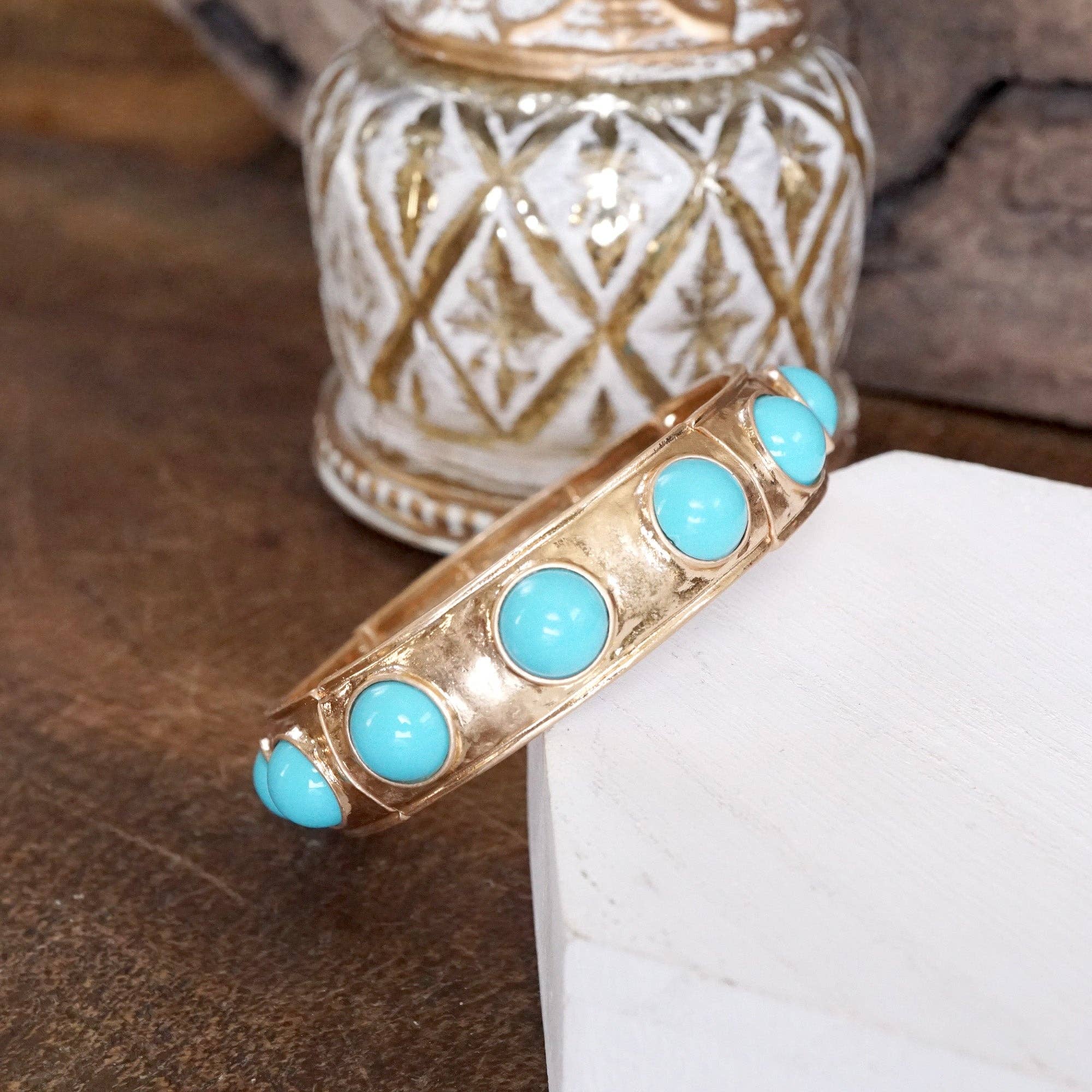 Eternity Statement Bangle Gold Tone Turquoise-Bracelets-PennyLine inc-Stuffology - Where Vintage Meets Modern, A Boutique for Real Women in Crosbyton, TX