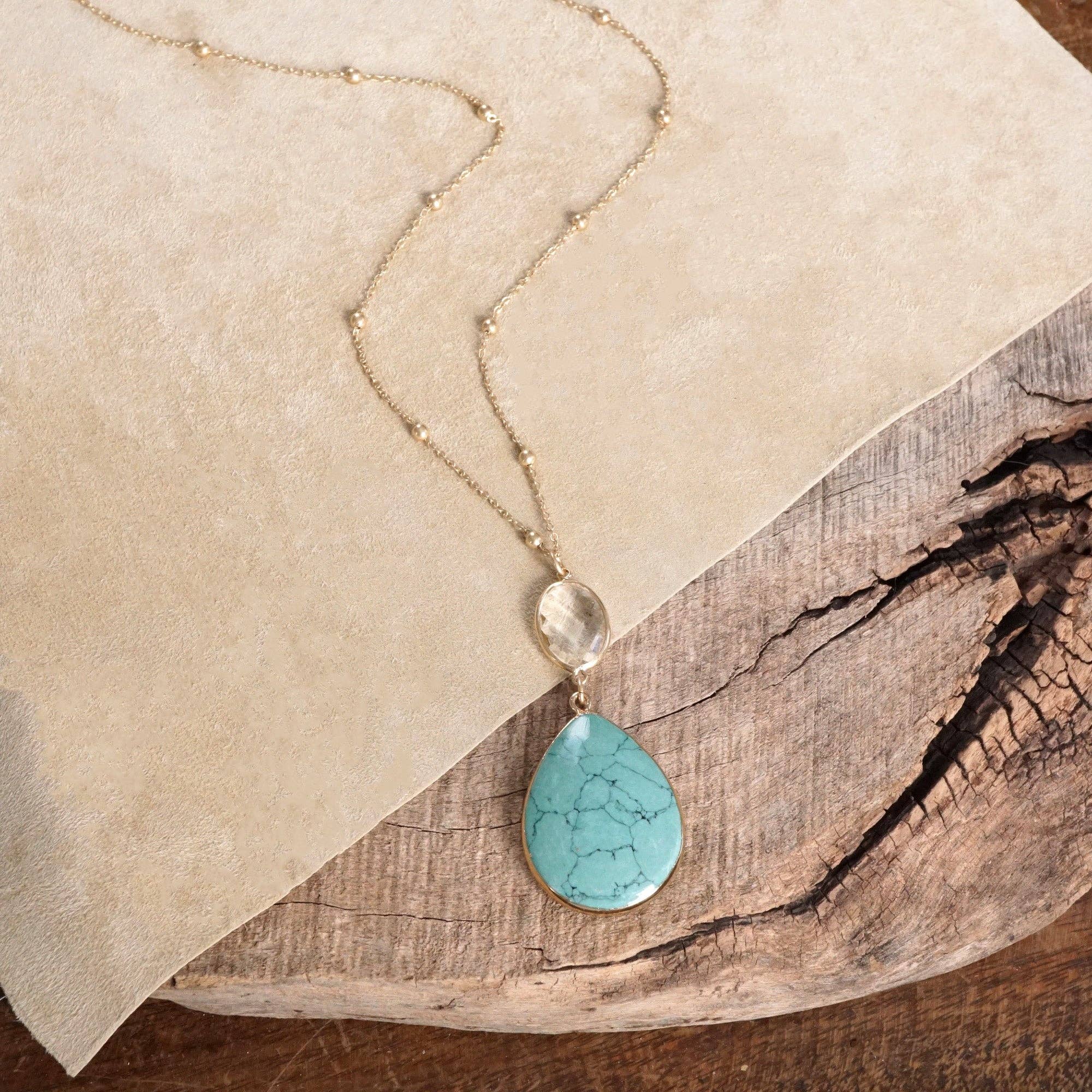 Boho Minimal Long Necklace with Teardrop Natural Stone Pendant – Turquoise and Worn Gold Tone-PennyLine inc-Stuffology - Where Vintage Meets Modern, A Boutique for Real Women in Crosbyton, TX